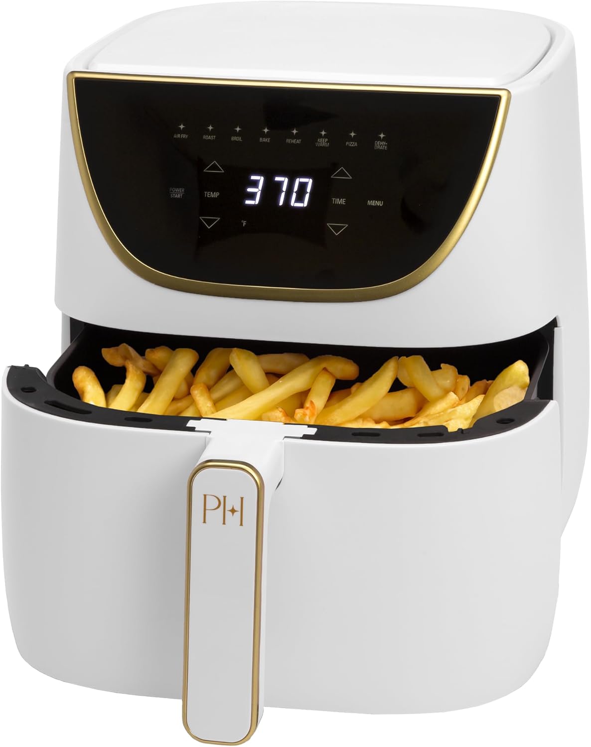 Click to see full view      3+  8 VIDEOS Paris Hilton Air Fryer, Large 6-Quart Capacity, Nonstick Made without PFAS, Touchscreen Display, 8-in-1 (Air Fry, Roast, Broil, Bake, Reheat, Keep Warm, Pizza, Dehydrate), Dishwasher Safe, White