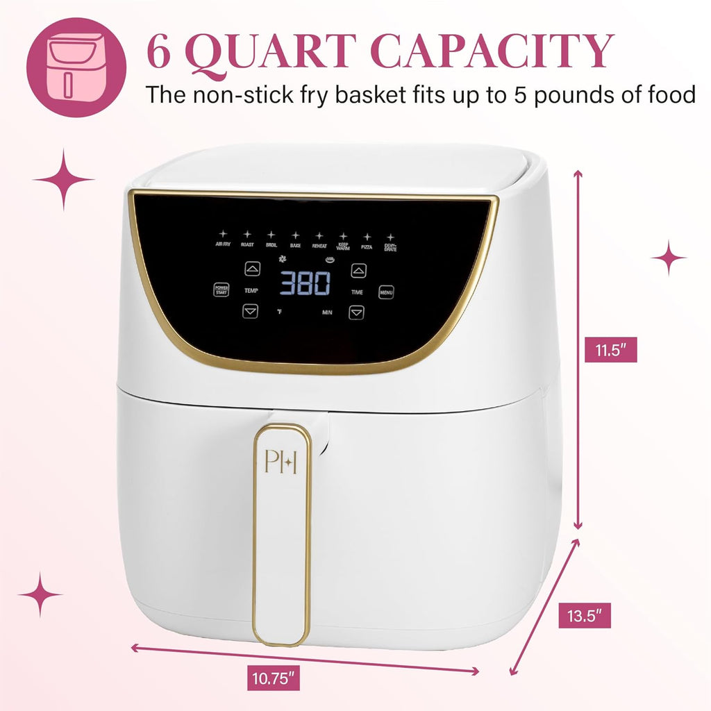 Click to see full view      3+  8 VIDEOS Paris Hilton Air Fryer, Large 6-Quart Capacity, Nonstick Made without PFAS, Touchscreen Display, 8-in-1 (Air Fry, Roast, Broil, Bake, Reheat, Keep Warm, Pizza, Dehydrate), Dishwasher Safe, White