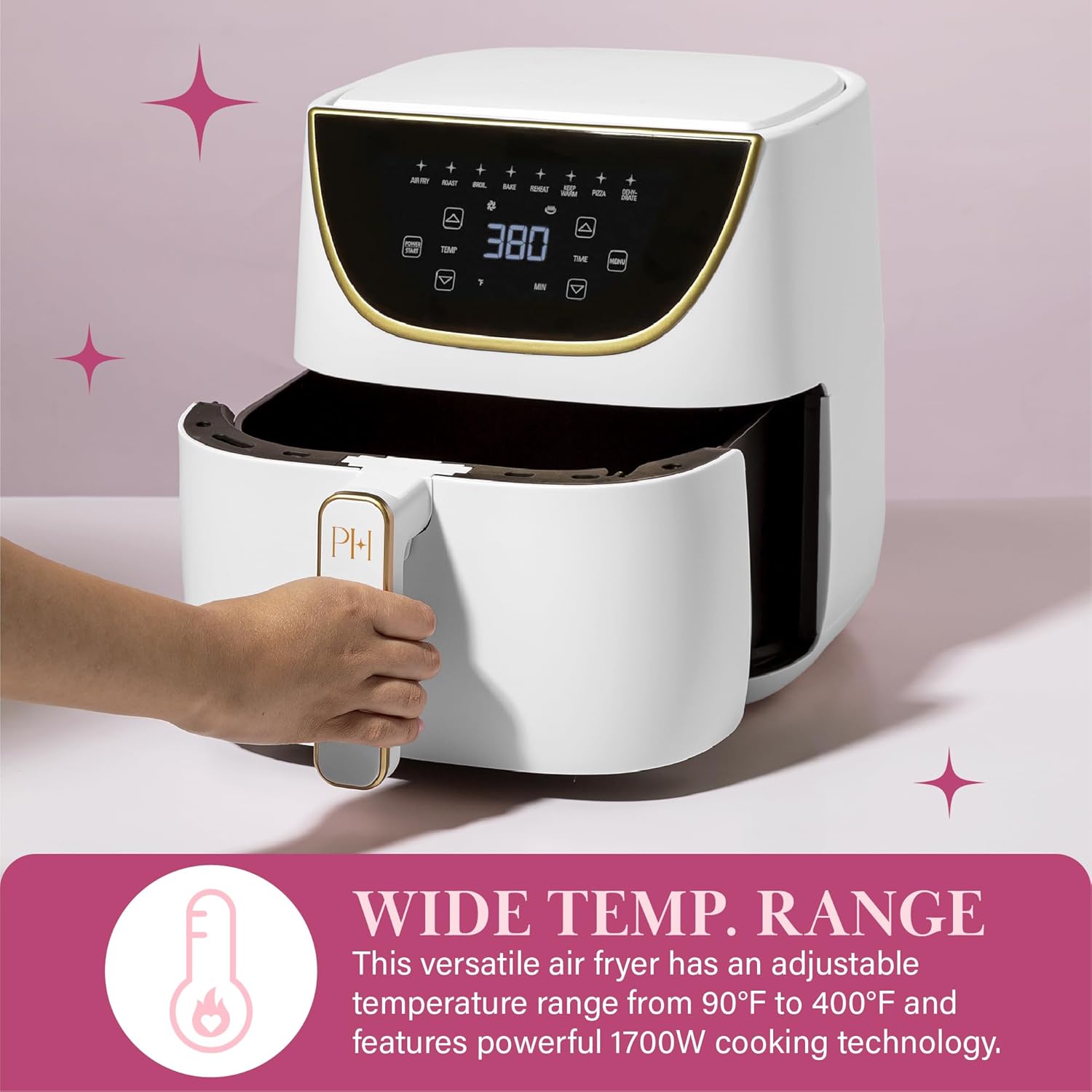 Click to see full view      3+  8 VIDEOS Paris Hilton Air Fryer, Large 6-Quart Capacity, Nonstick Made without PFAS, Touchscreen Display, 8-in-1 (Air Fry, Roast, Broil, Bake, Reheat, Keep Warm, Pizza, Dehydrate), Dishwasher Safe, White