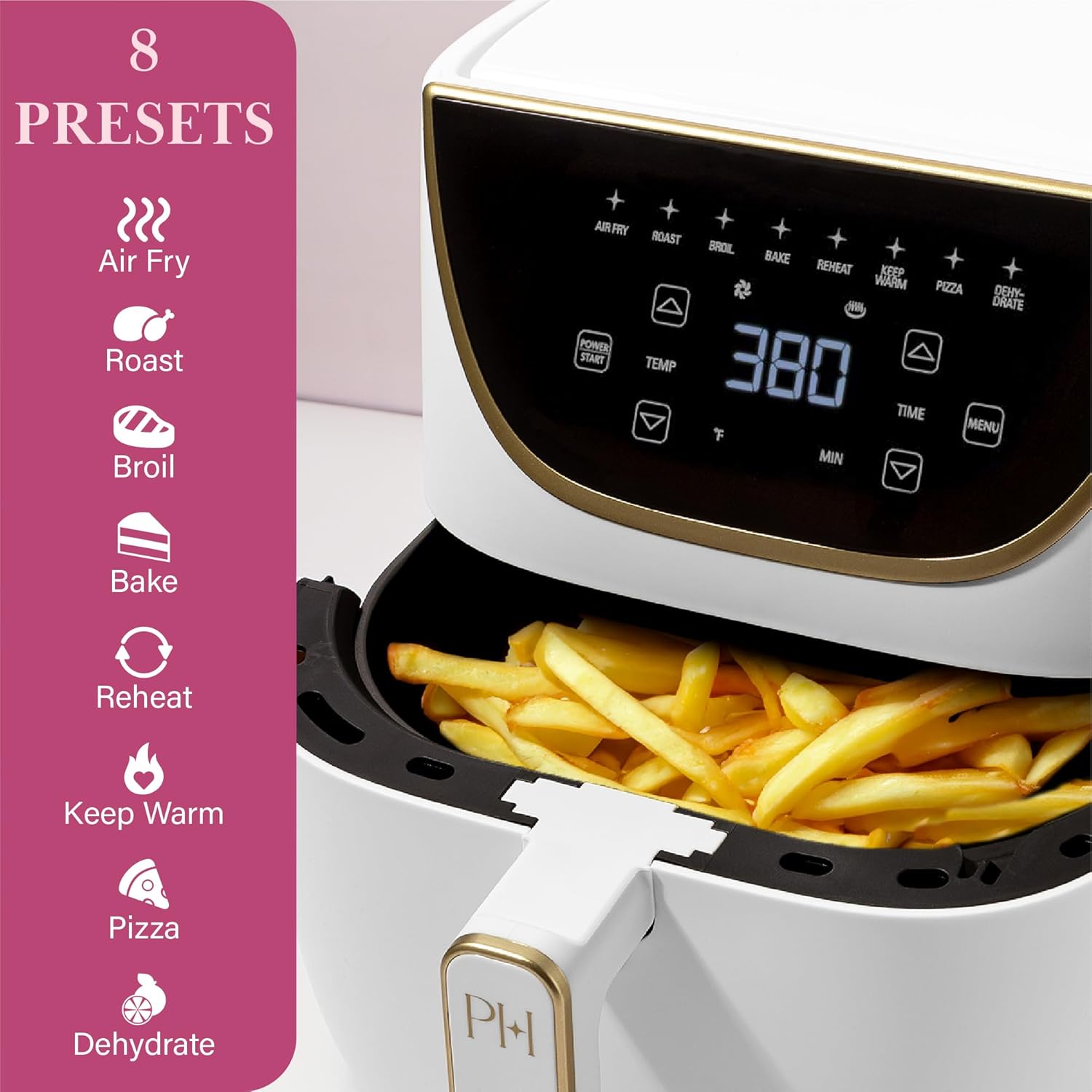 Click to see full view      3+  8 VIDEOS Paris Hilton Air Fryer, Large 6-Quart Capacity, Nonstick Made without PFAS, Touchscreen Display, 8-in-1 (Air Fry, Roast, Broil, Bake, Reheat, Keep Warm, Pizza, Dehydrate), Dishwasher Safe, White