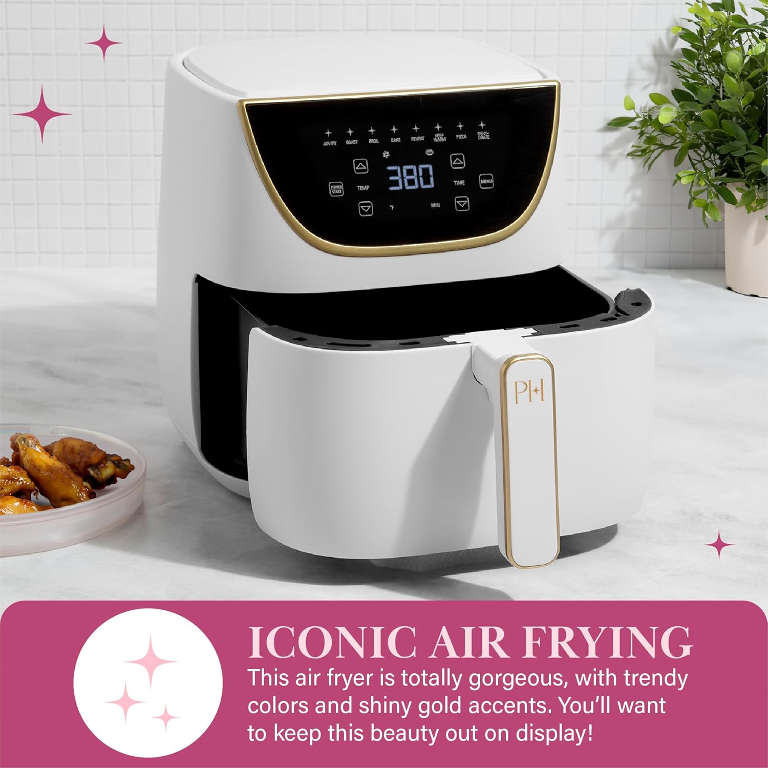 Click to see full view      3+  8 VIDEOS Paris Hilton Air Fryer, Large 6-Quart Capacity, Nonstick Made without PFAS, Touchscreen Display, 8-in-1 (Air Fry, Roast, Broil, Bake, Reheat, Keep Warm, Pizza, Dehydrate), Dishwasher Safe, White