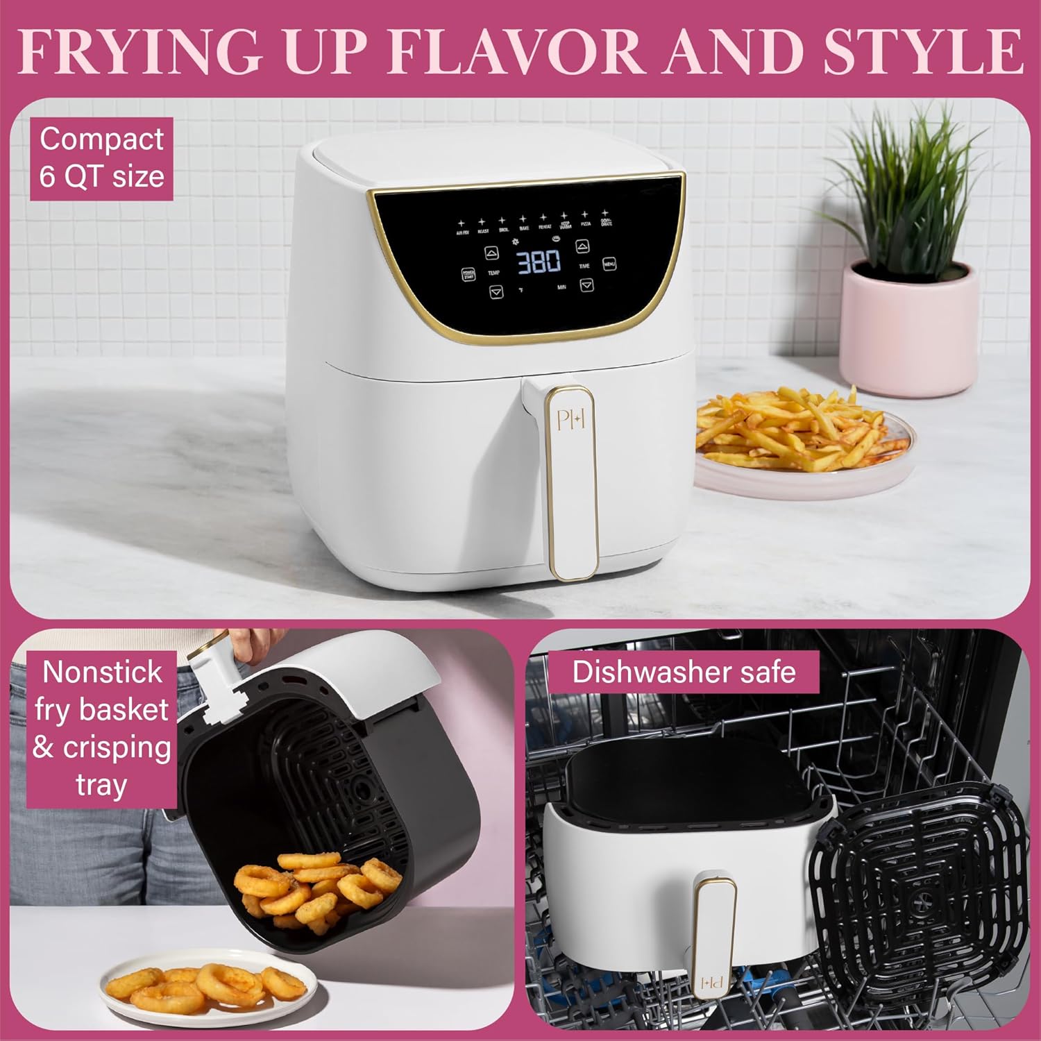Click to see full view      3+  8 VIDEOS Paris Hilton Air Fryer, Large 6-Quart Capacity, Nonstick Made without PFAS, Touchscreen Display, 8-in-1 (Air Fry, Roast, Broil, Bake, Reheat, Keep Warm, Pizza, Dehydrate), Dishwasher Safe, White